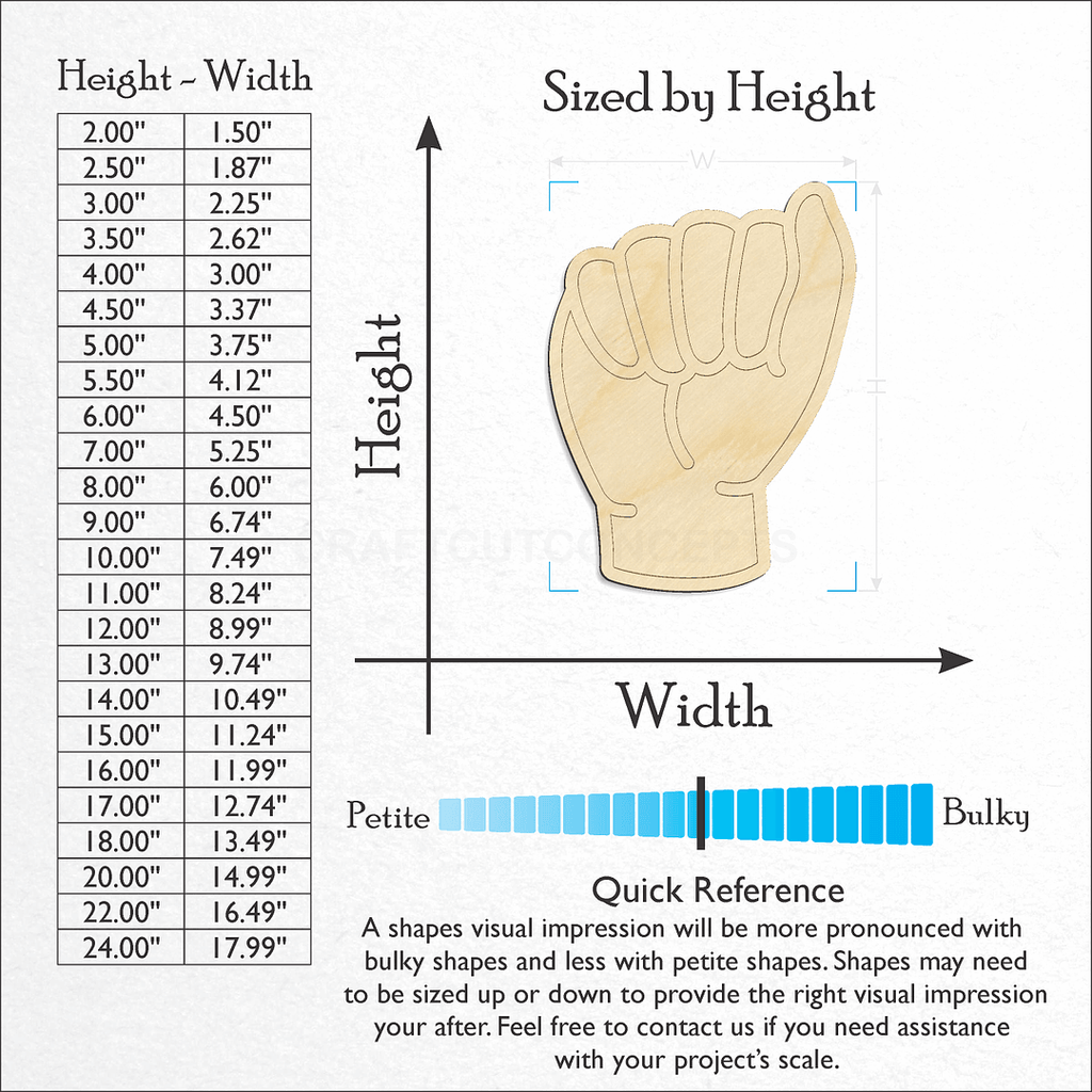 Sizes available for a laser cut ASL Sign Lanquage Letter A craft blank