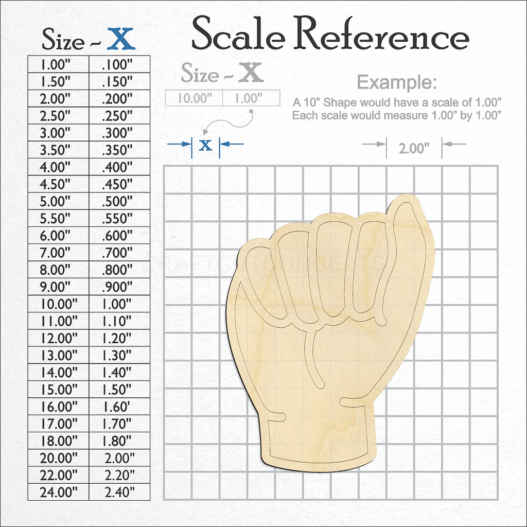 A scale and graph image showing a wood ASL Sign Lanquage Letter A craft blank