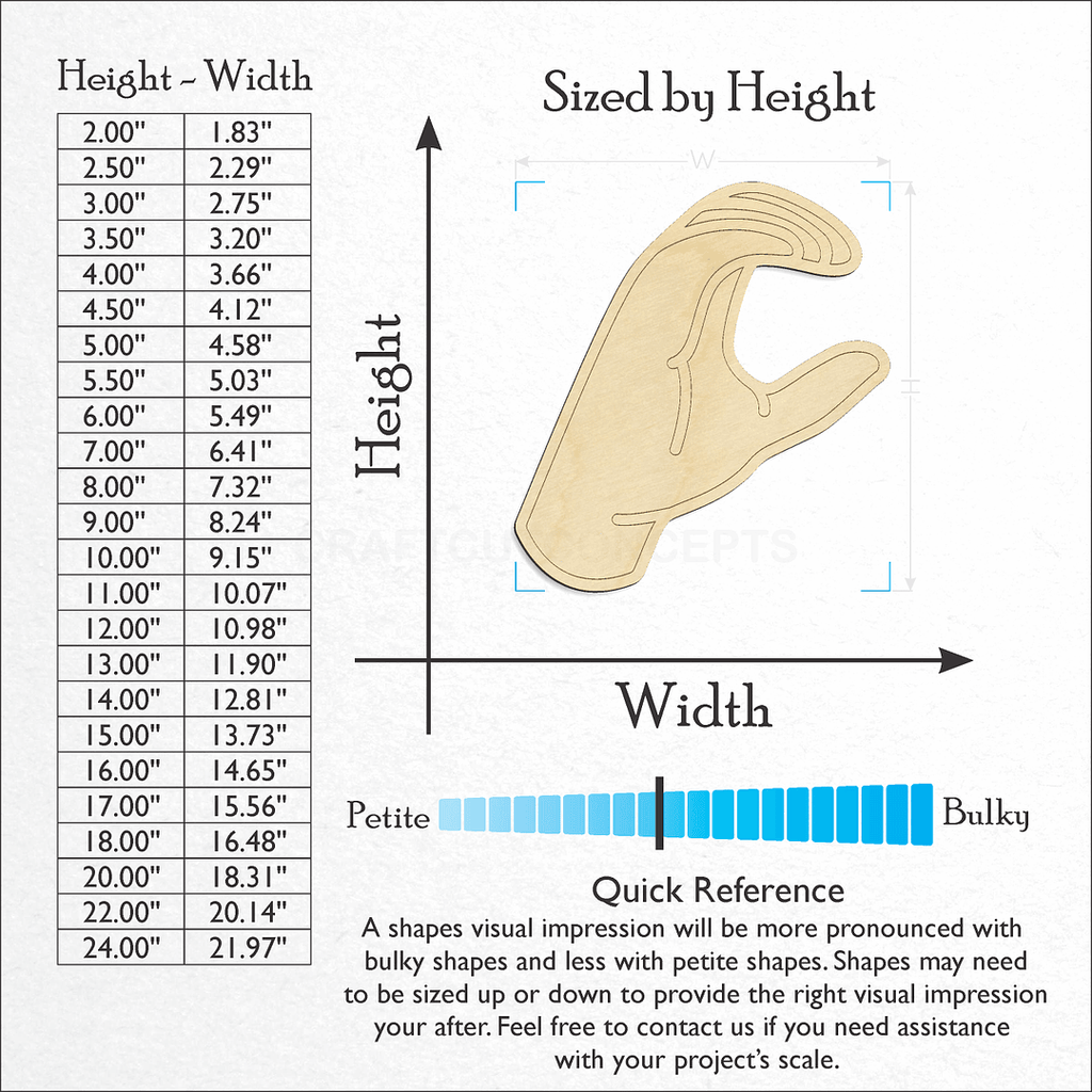 Sizes available for a laser cut ASL Sign Lanquage Letter C craft blank