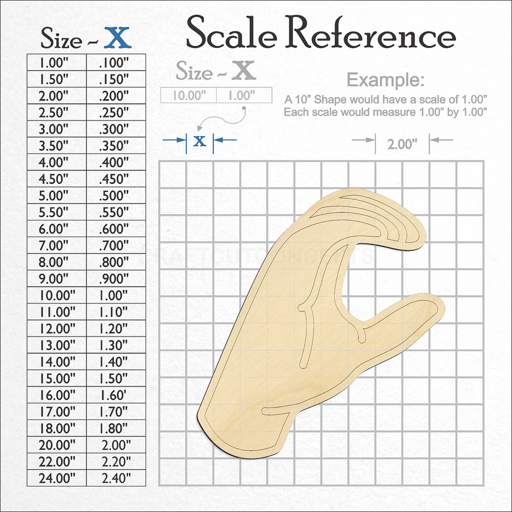 A scale and graph image showing a wood ASL Sign Lanquage Letter C craft blank