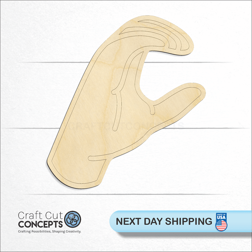 Craft Cut Concepts logo and next day shipping banner with an unfinished wood ASL Sign Lanquage Letter C craft shape and blank