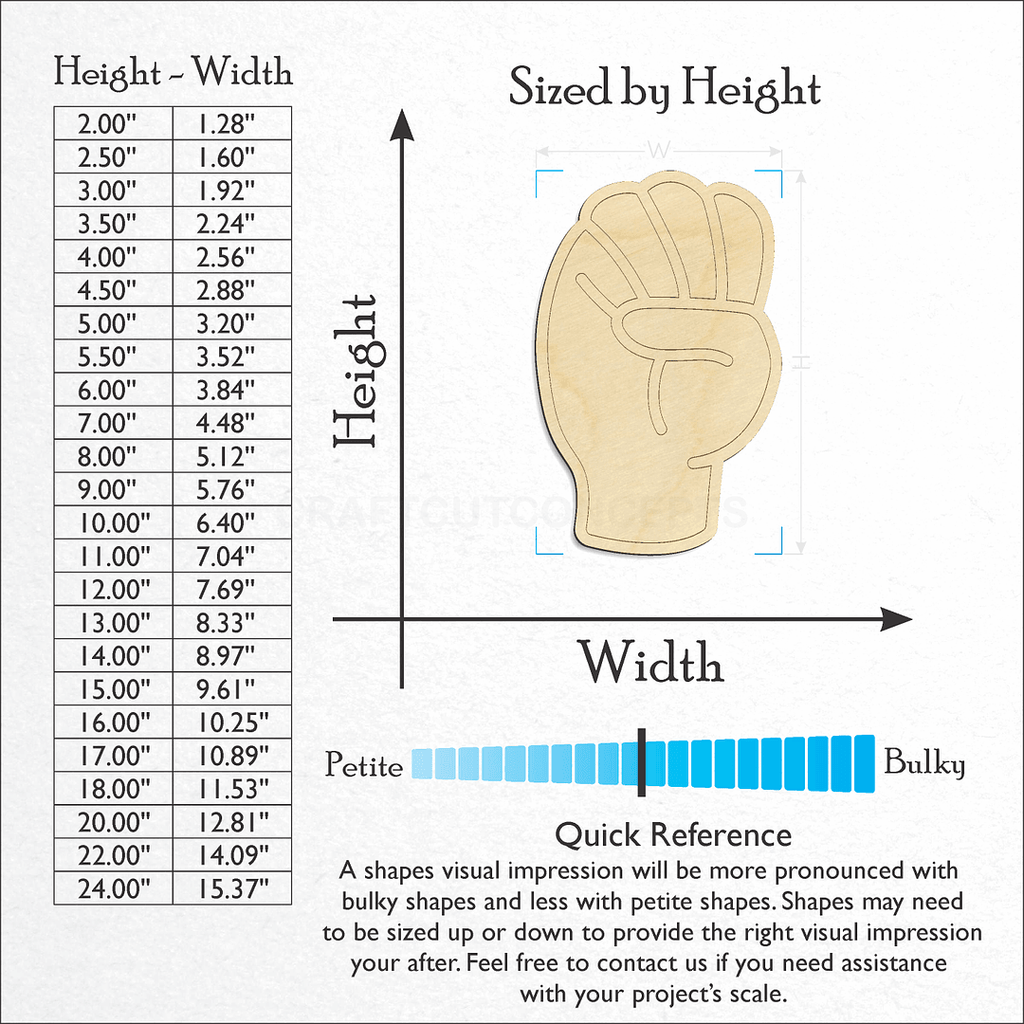 Sizes available for a laser cut ASL Sign Lanquage Letter E craft blank