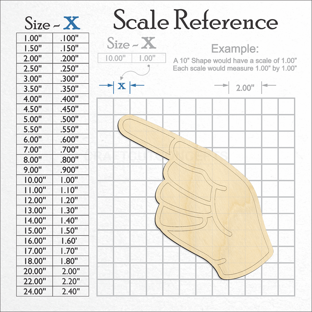 A scale and graph image showing a wood ASL Sign Lanquage Letter G craft blank