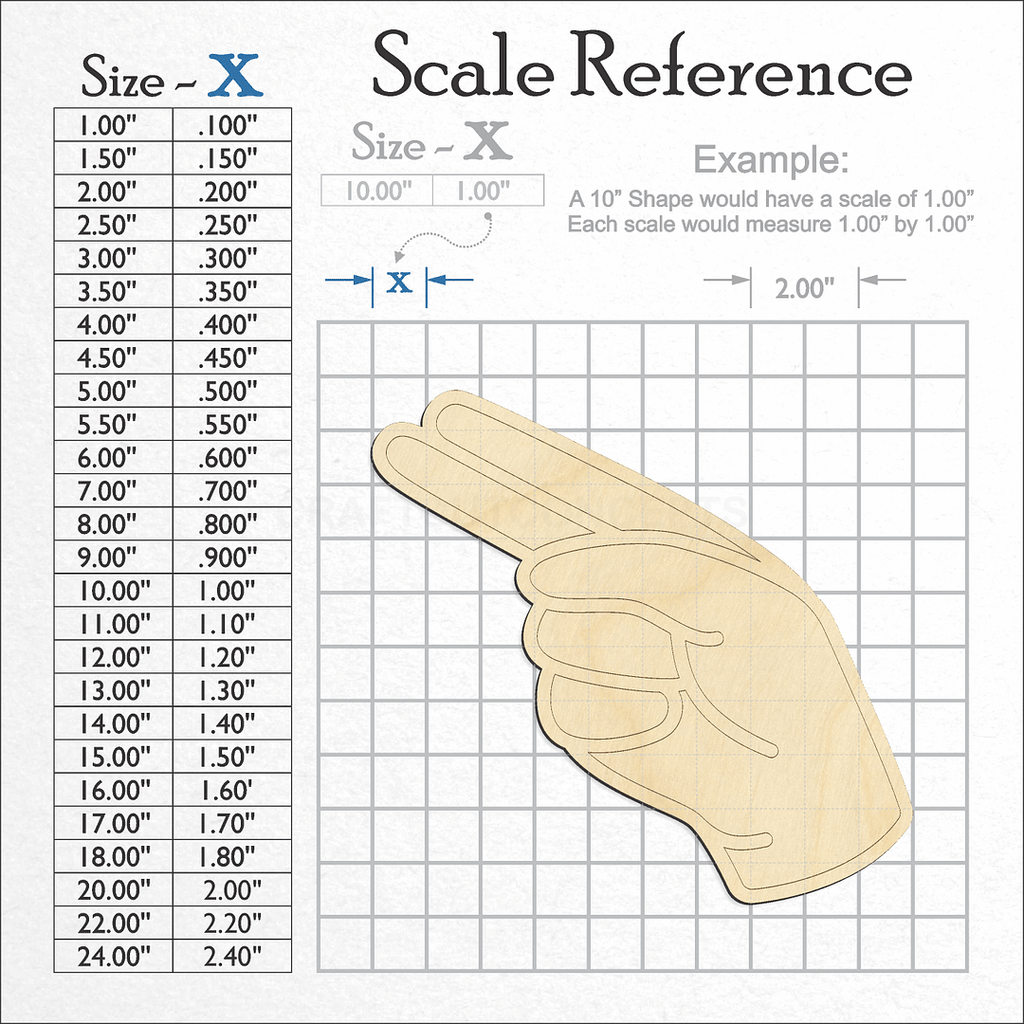 A scale and graph image showing a wood ASL Sign Lanquage Letter H craft blank