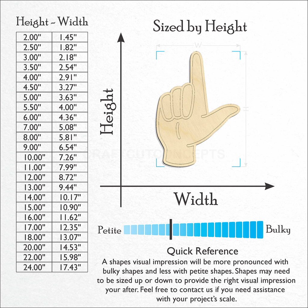 Sizes available for a laser cut ASL Sign Lanquage Letter L craft blank