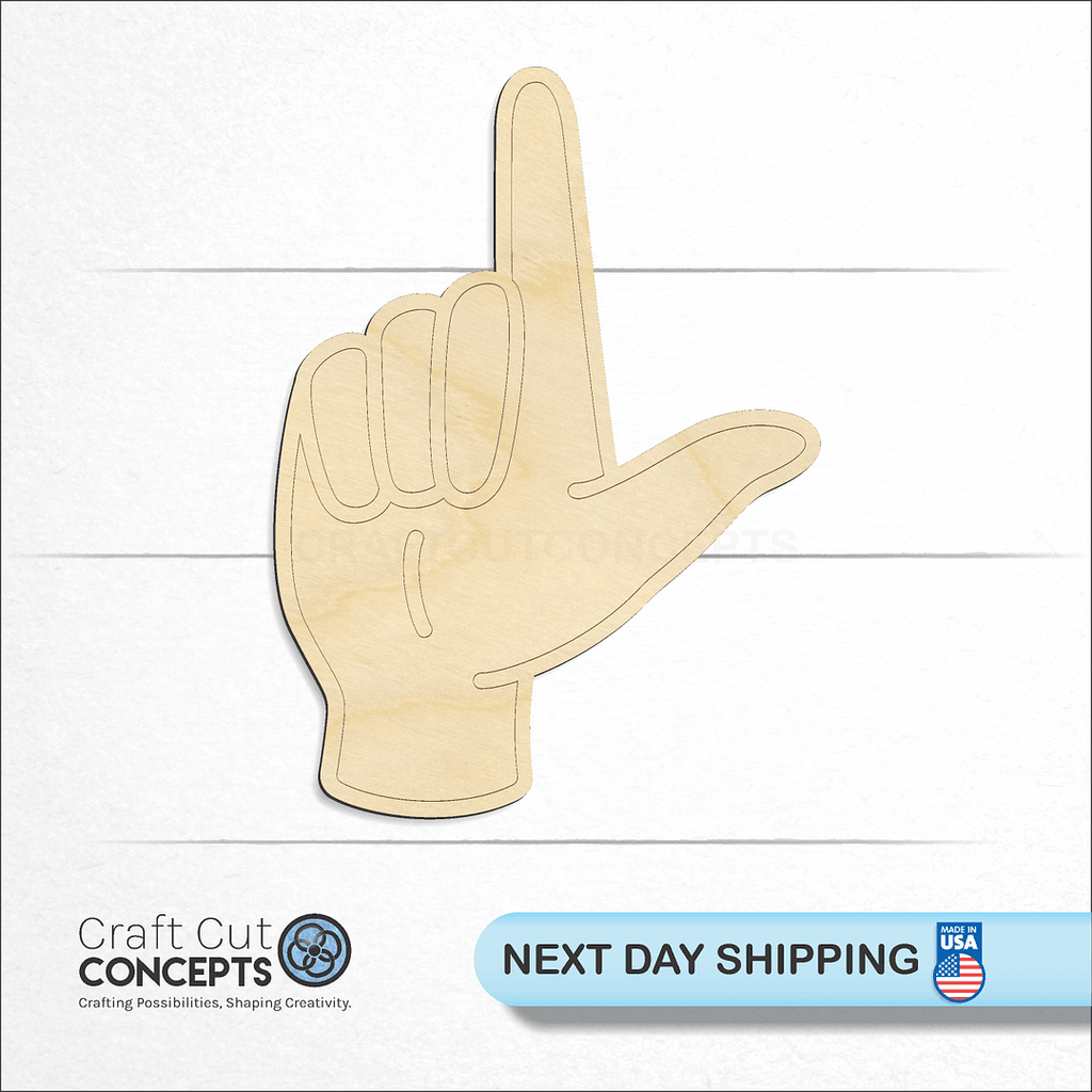 Craft Cut Concepts logo and next day shipping banner with an unfinished wood ASL Sign Lanquage Letter L craft shape and blank