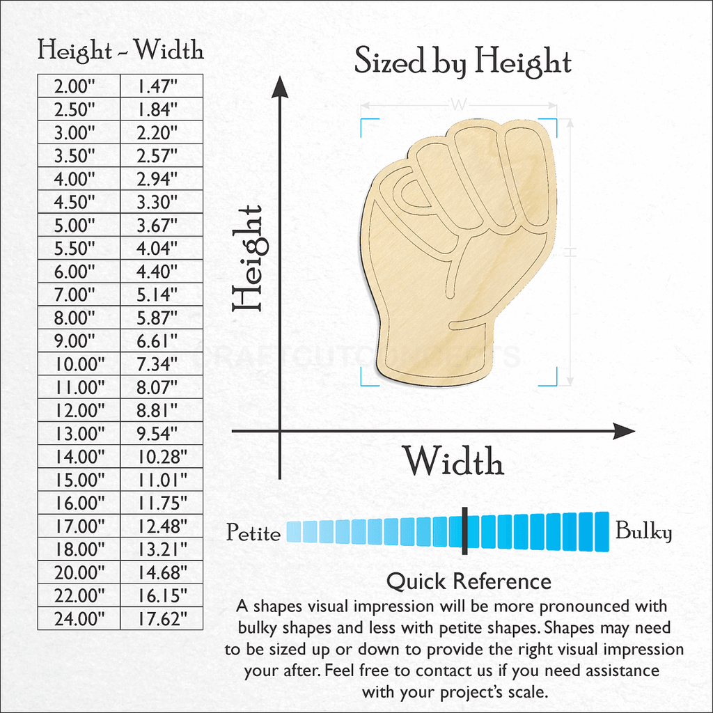 Sizes available for a laser cut ASL Sign Lanquage Letter M craft blank