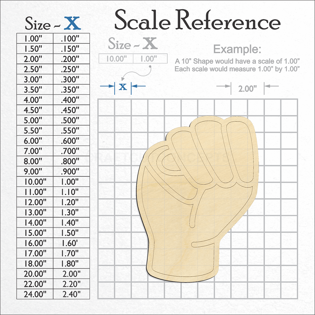 A scale and graph image showing a wood ASL Sign Lanquage Letter M craft blank