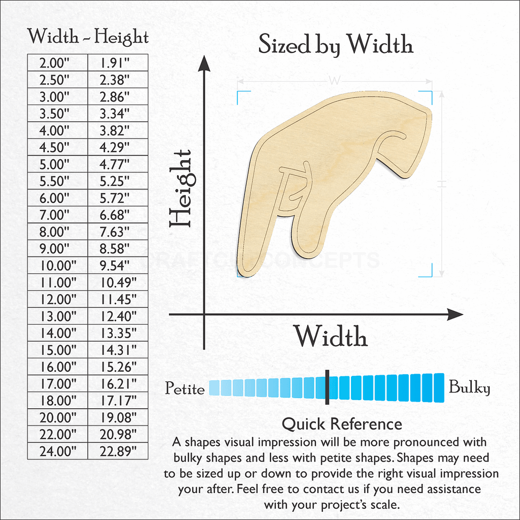 Sizes available for a laser cut ASL Sign Lanquage Letter Q craft blank