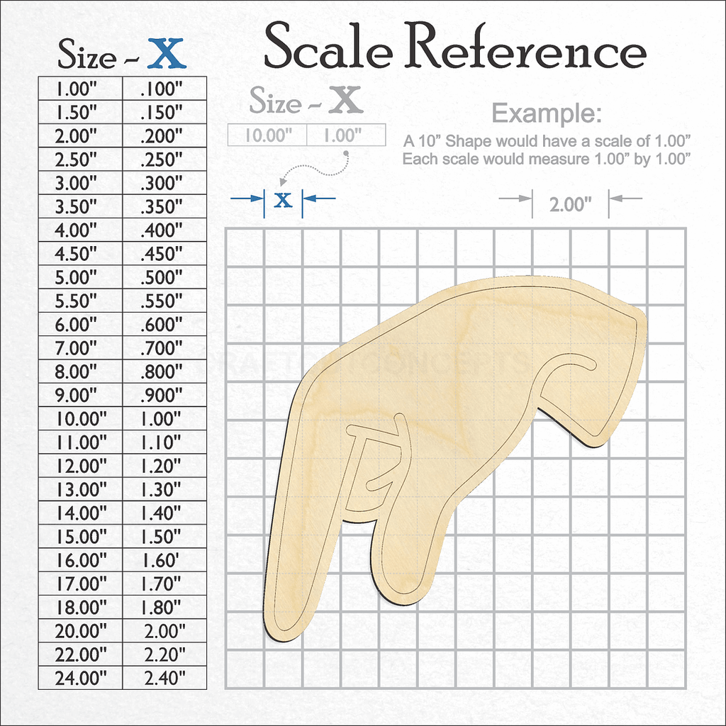 A scale and graph image showing a wood ASL Sign Lanquage Letter Q craft blank