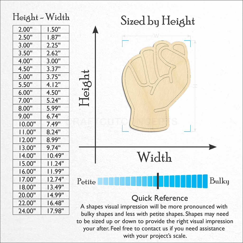 Sizes available for a laser cut ASL Sign Lanquage Letter S craft blank