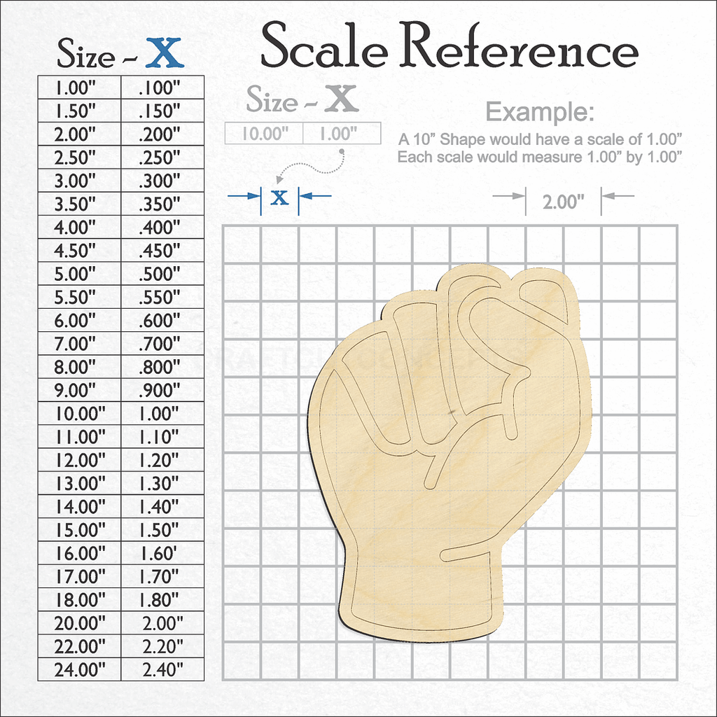 A scale and graph image showing a wood ASL Sign Lanquage Letter S craft blank