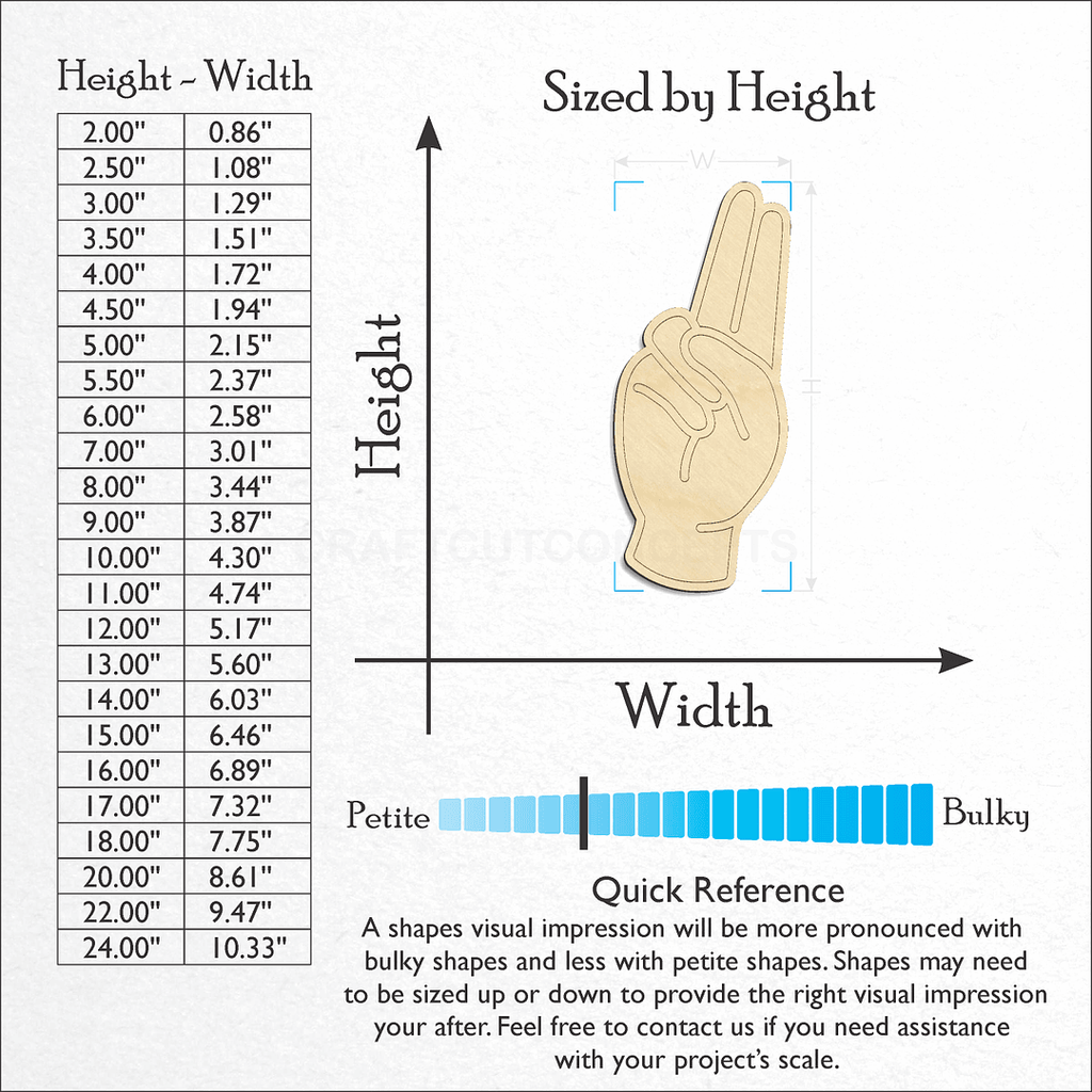 Sizes available for a laser cut ASL Sign Lanquage Letter U craft blank