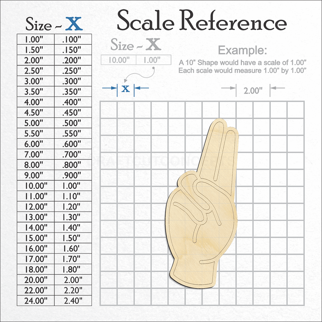 A scale and graph image showing a wood ASL Sign Lanquage Letter U craft blank