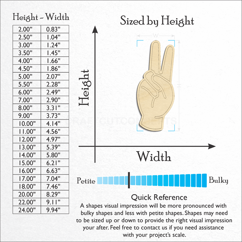 Sizes available for a laser cut ASL Sign Lanquage Letter V craft blank