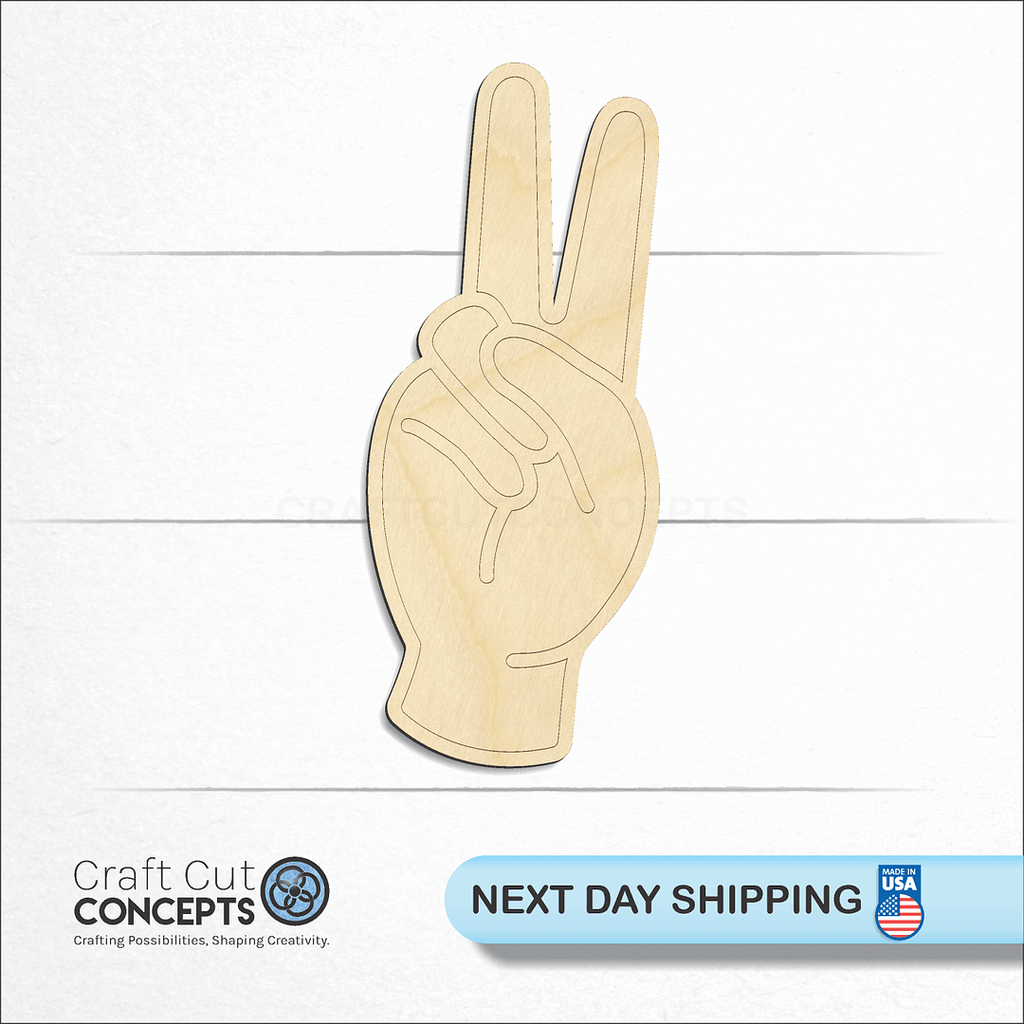 Craft Cut Concepts logo and next day shipping banner with an unfinished wood ASL Sign Lanquage Letter V craft shape and blank