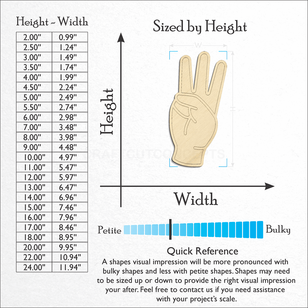 Sizes available for a laser cut ASL Sign Lanquage Letter W craft blank