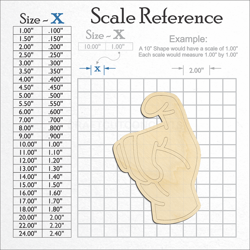 A scale and graph image showing a wood ASL Sign Lanquage Letter X craft blank