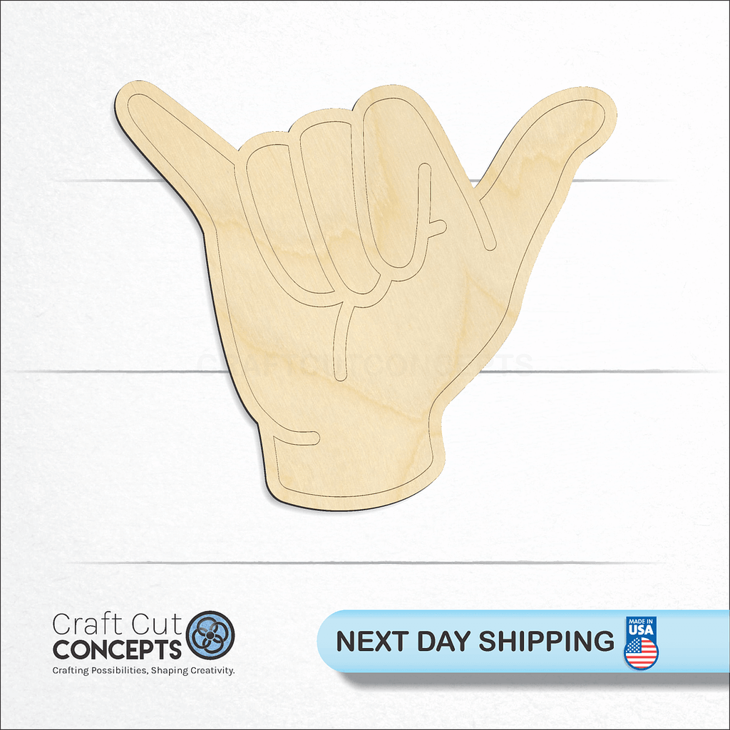 Craft Cut Concepts logo and next day shipping banner with an unfinished wood ASL Sign Lanquage Letter Y craft shape and blank