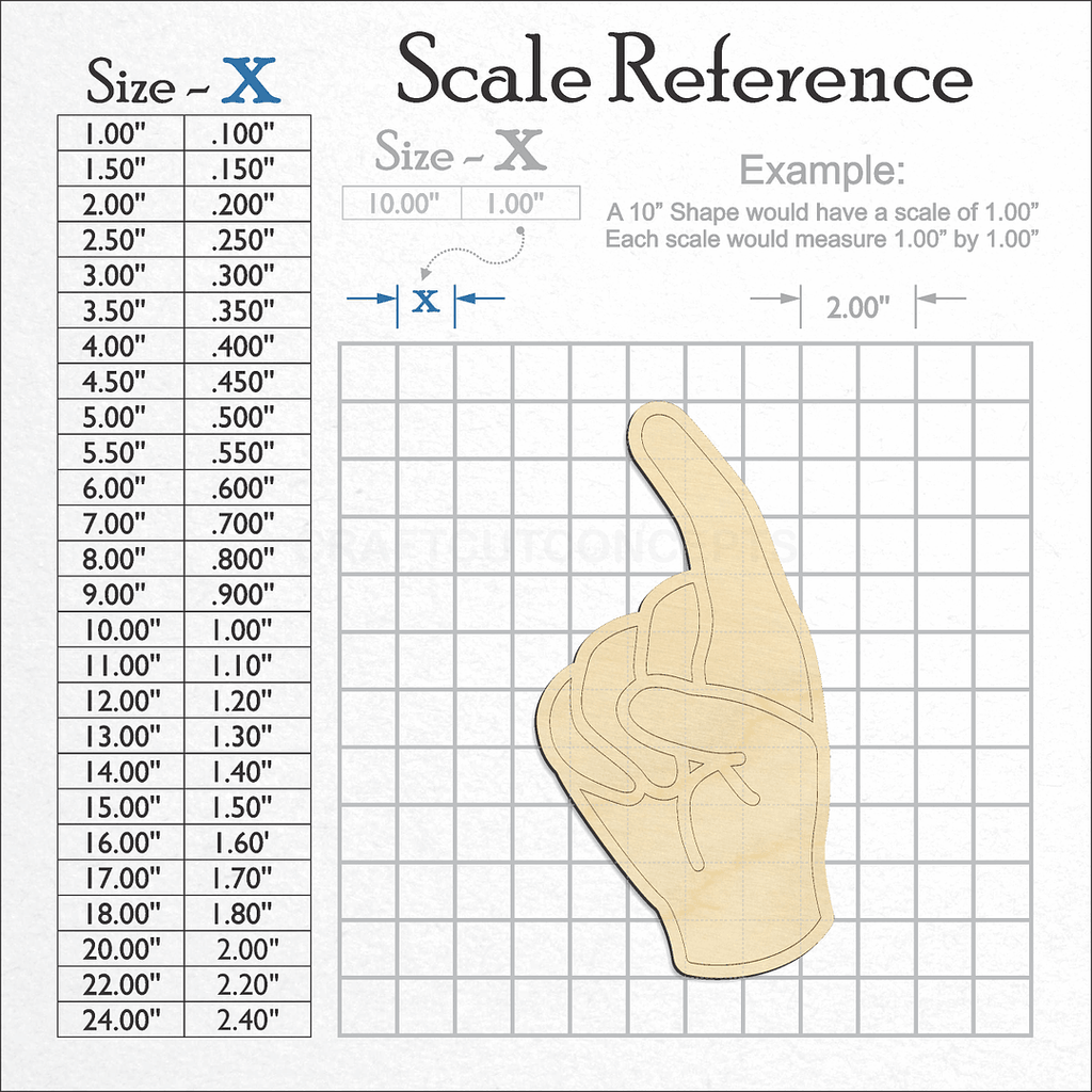 A scale and graph image showing a wood ASL Sign Lanquage Letter Z craft blank