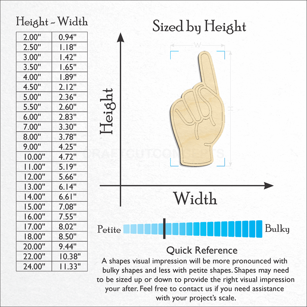 Sizes available for a laser cut ASL Sign Lanquage Number 1 craft blank