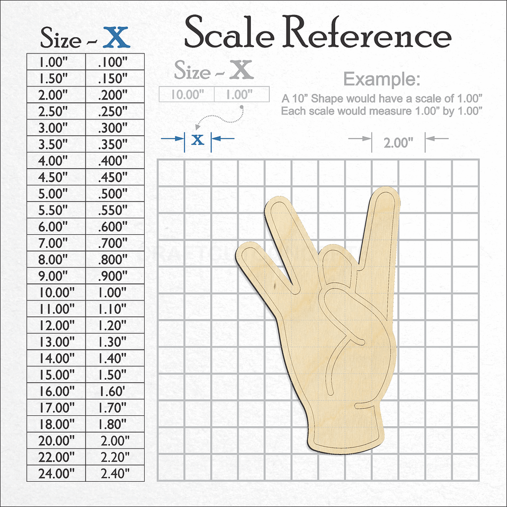 A scale and graph image showing a wood ASL Sign Lanquage Number 8 craft blank