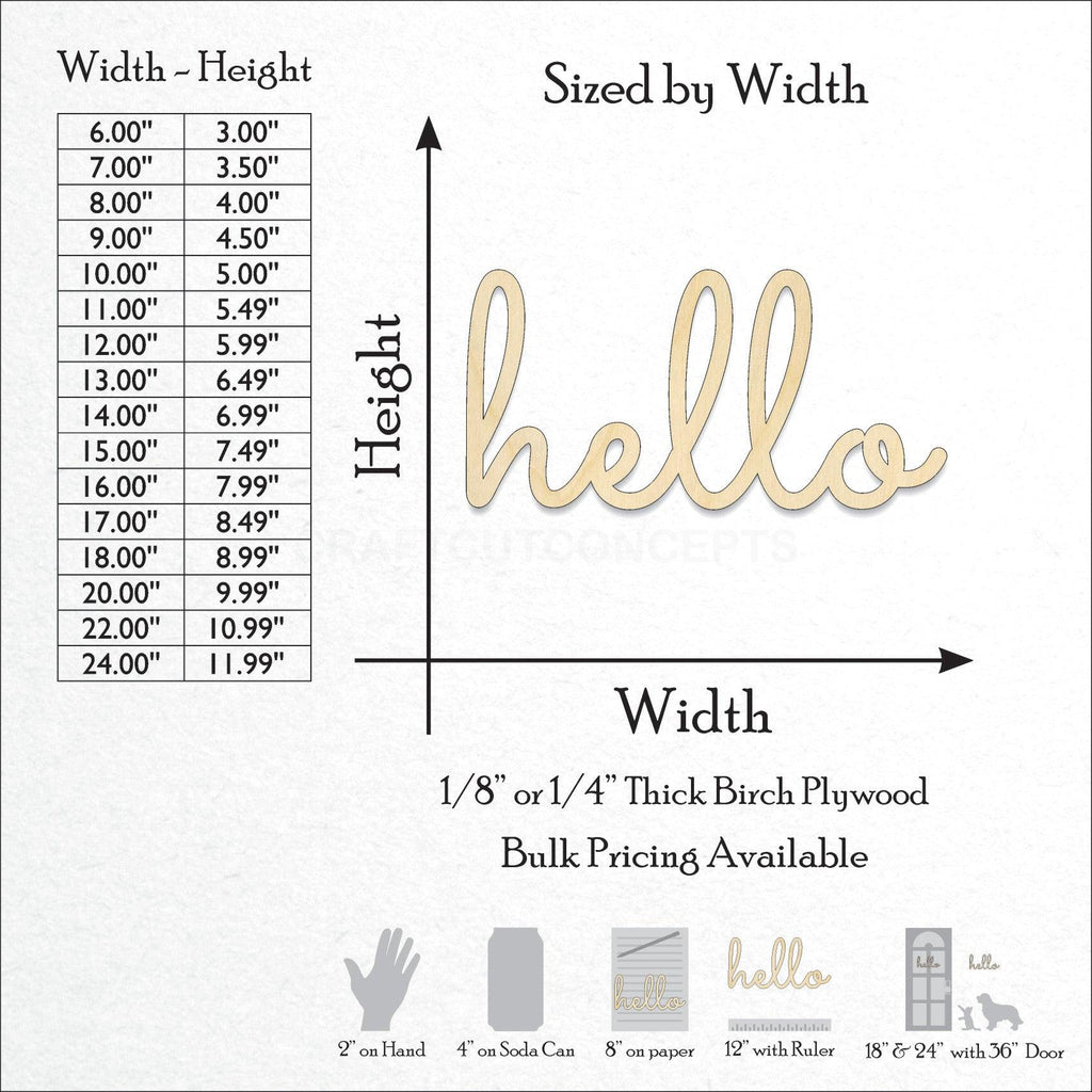 A Product photo showing the sizes and scale of our laser cut Hello Script Craft Shape available for purchase.