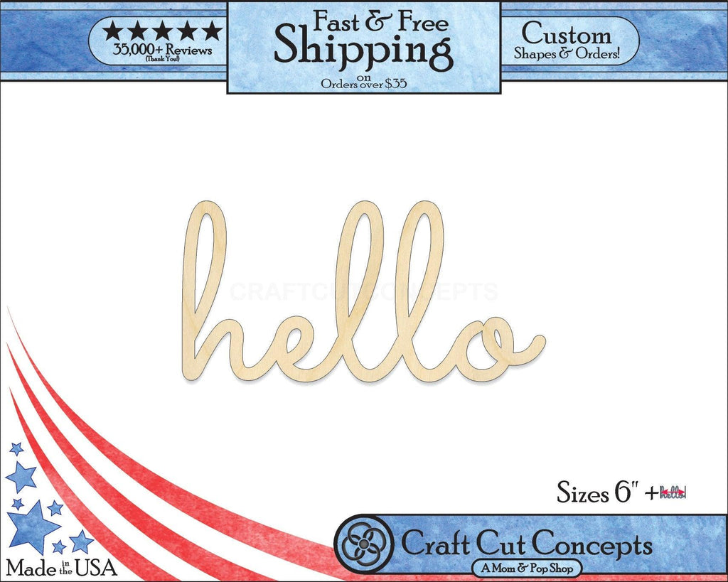 A 5:4 Product photo with banners of our laser cut Hello Script Craft Shape available for purchase.