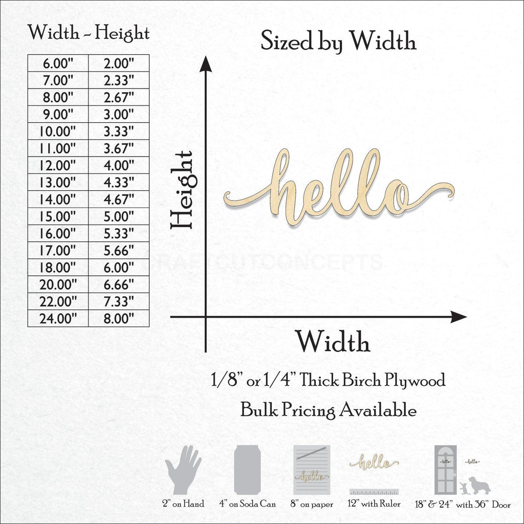 A Product photo showing the sizes and scale of our laser cut Hello Script Craft Shape available for purchase.