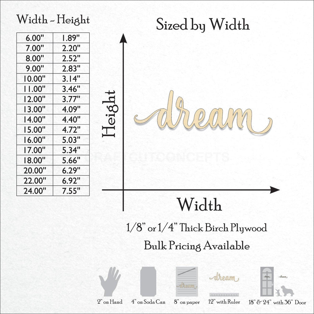 A Product photo showing the sizes and scale of our laser cut Dream Script Craft Shape available for purchase.