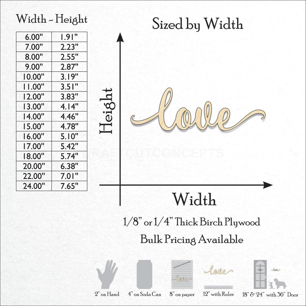 A Product photo showing the sizes and scale of our laser cut Love Script Craft Shape available for purchase.