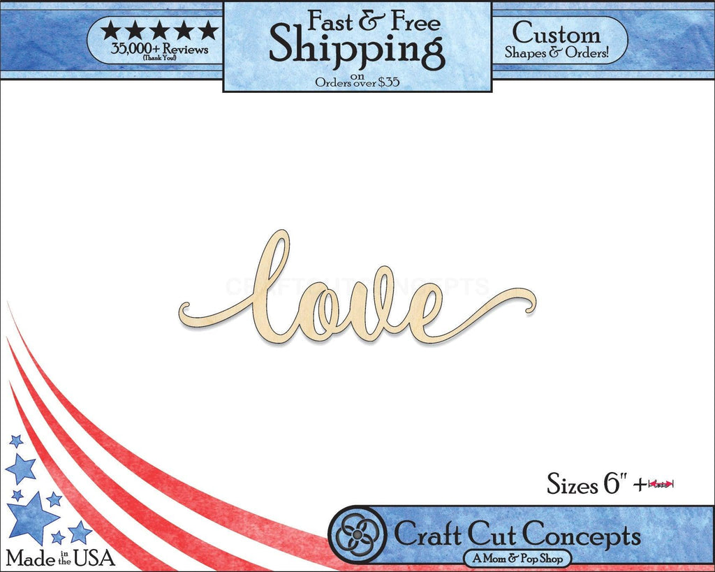 A 5:4 Product photo with banners of our laser cut Love Script Craft Shape available for purchase.