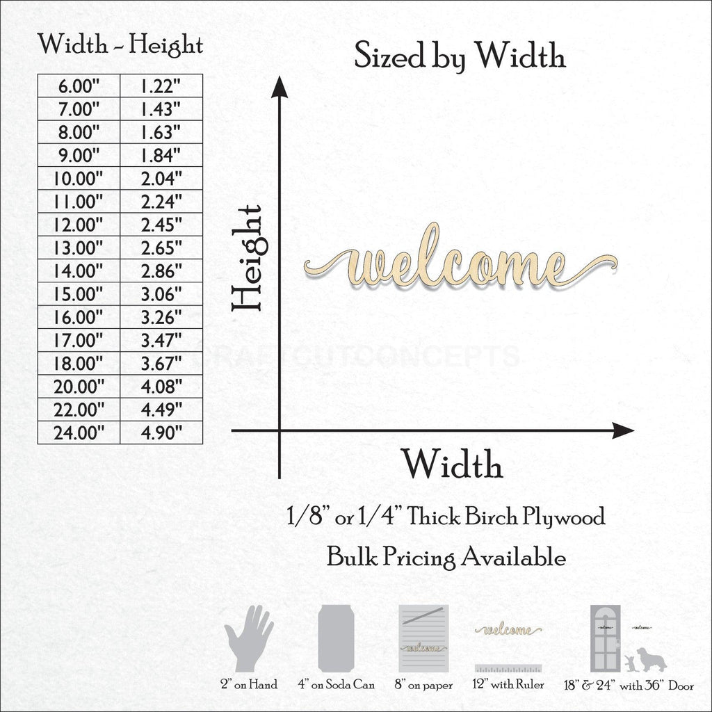 A Product photo showing the sizes and scale of our laser cut Welcome Script Craft Shape available for purchase.