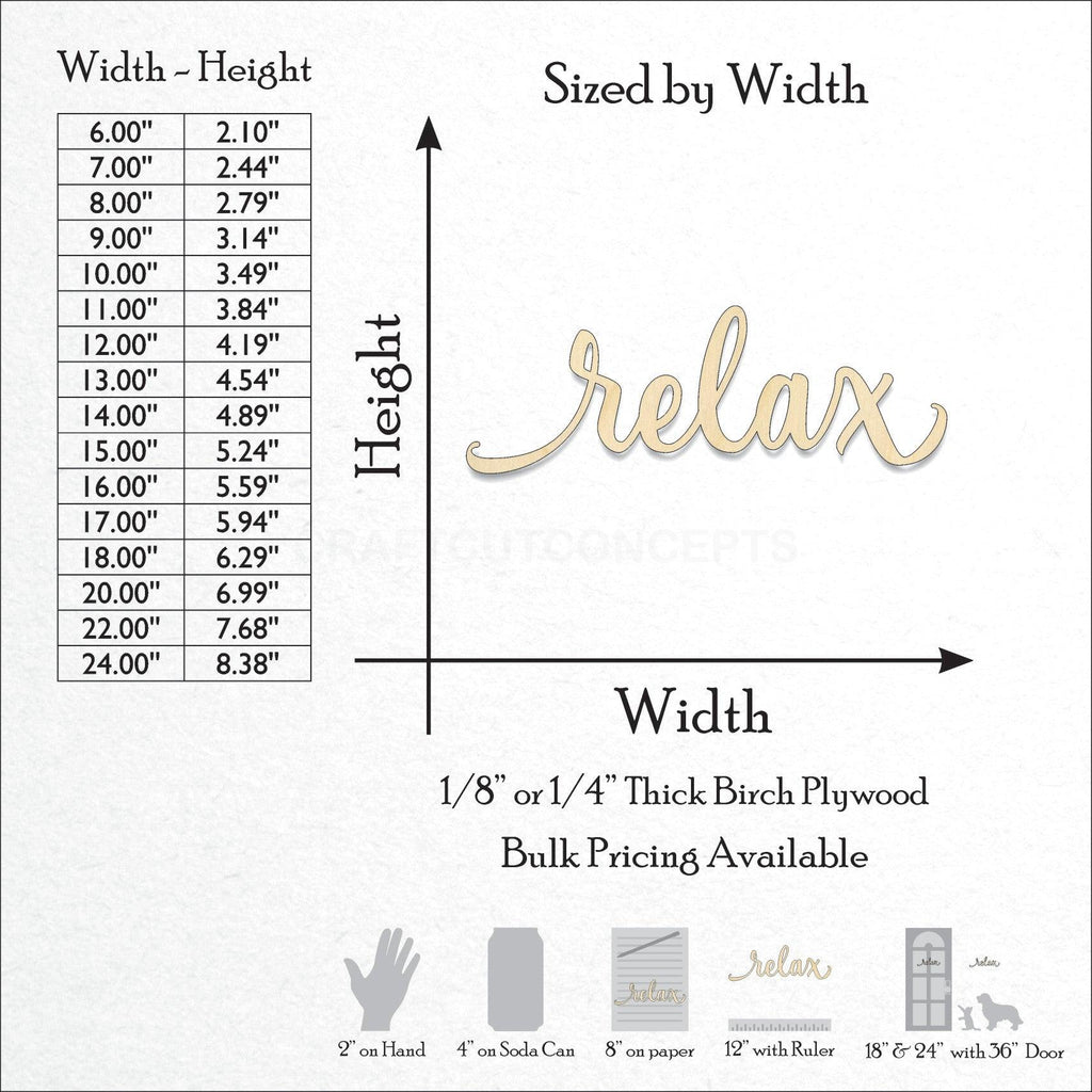 A Product photo showing the sizes and scale of our laser cut Relax Script Craft Shape available for purchase.