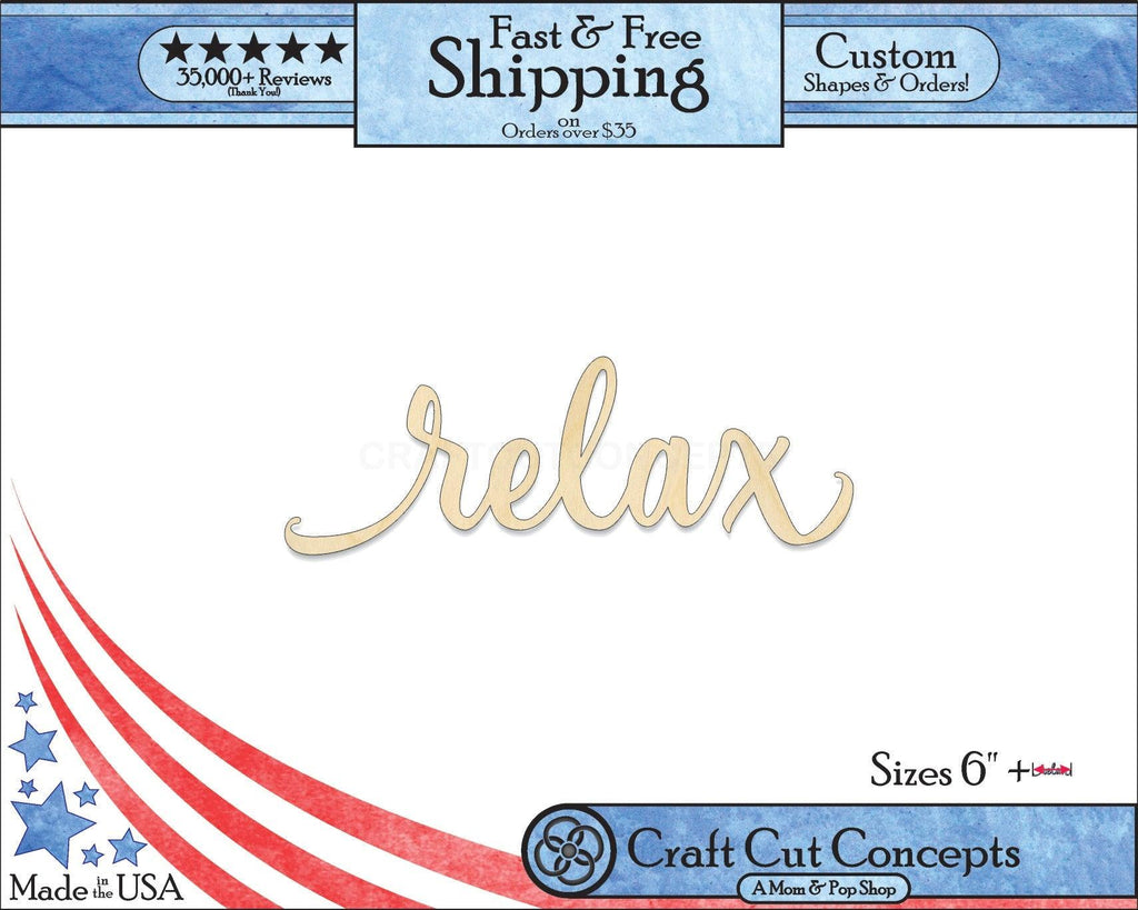 A 5:4 Product photo with banners of our laser cut Relax Script Craft Shape available for purchase.