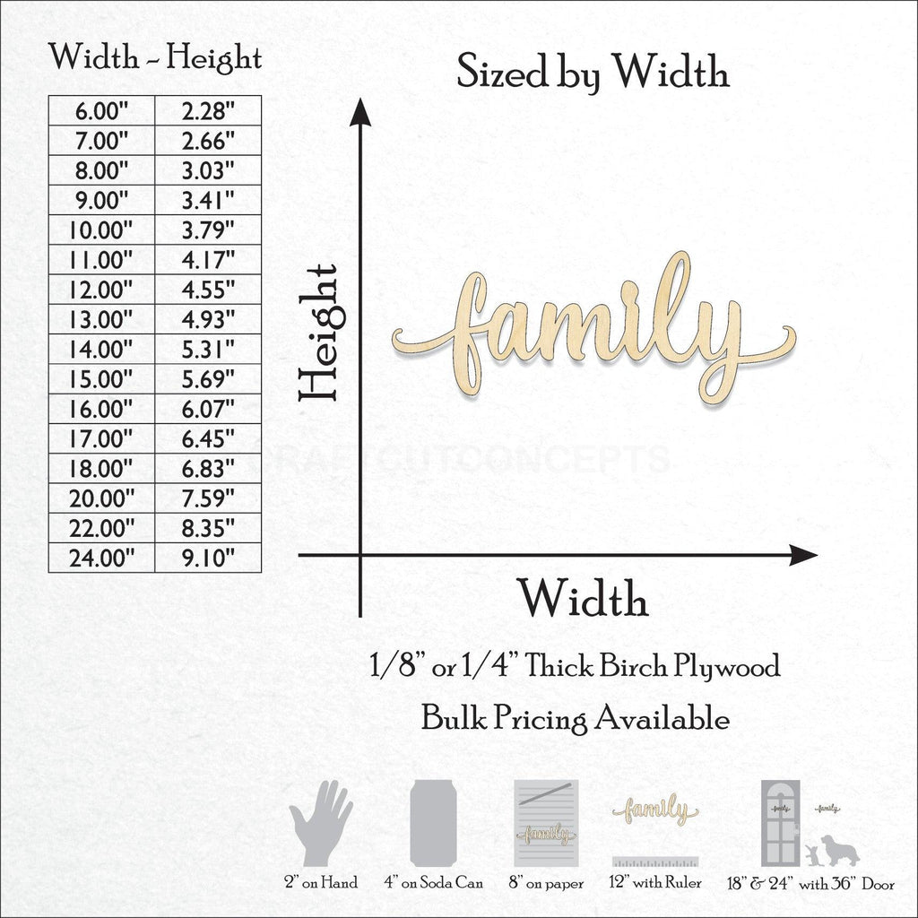 A Product photo showing the sizes and scale of our laser cut Family Script Craft Shape available for purchase.