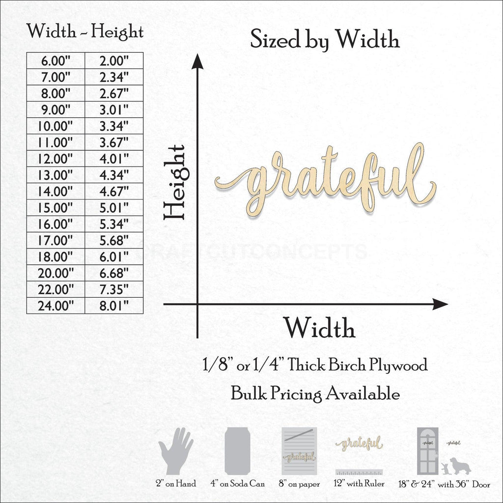 A Product photo showing the sizes and scale of our laser cut grateful Script Craft Shape available for purchase.