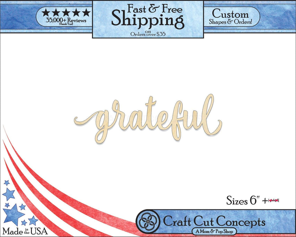 A 5:4 Product photo with banners of our laser cut grateful Script Craft Shape available for purchase.