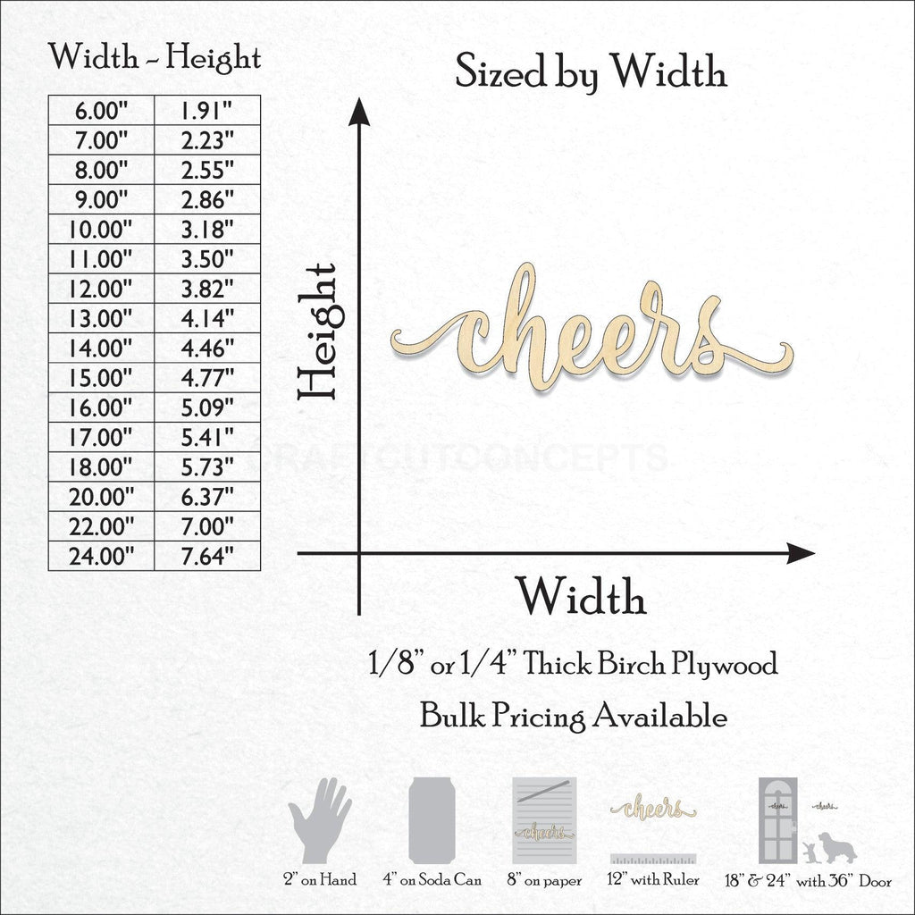 A Product photo showing the sizes and scale of our laser cut Cheers Script Craft Shape available for purchase.