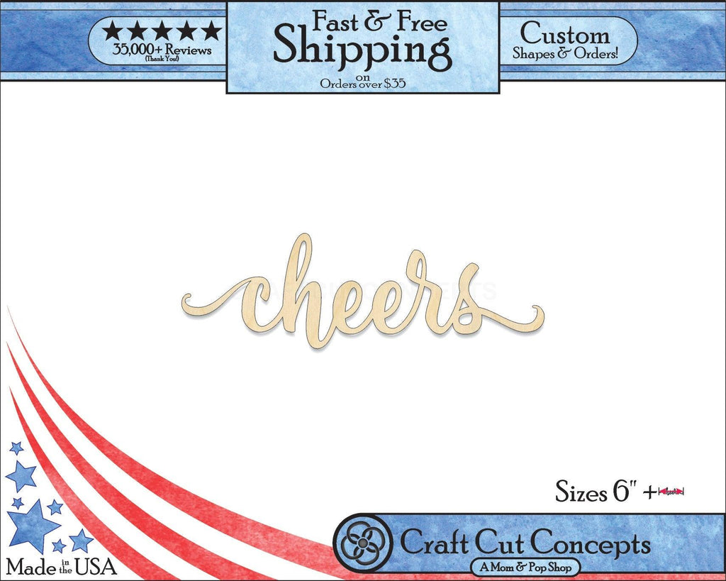 A 5:4 Product photo with banners of our laser cut Cheers Script Craft Shape available for purchase.