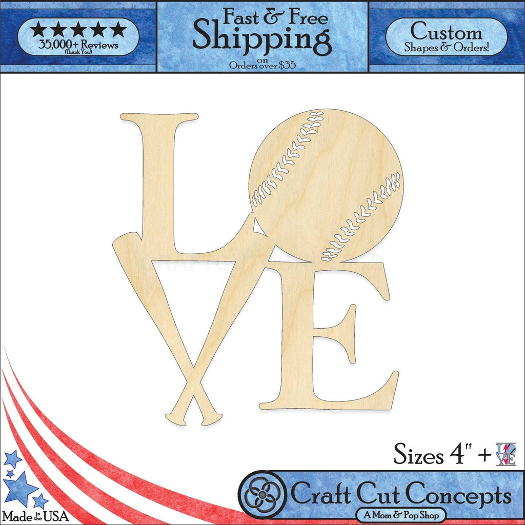 A 1:1 Product photo with banners of our laser cut LOVE Baseball Craft Shape available for purchase.