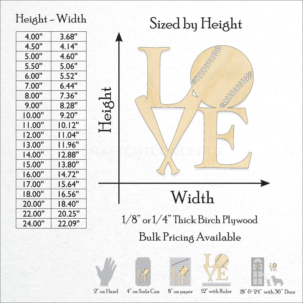 A Product photo showing the sizes and scale of our laser cut LOVE Baseball Craft Shape available for purchase.