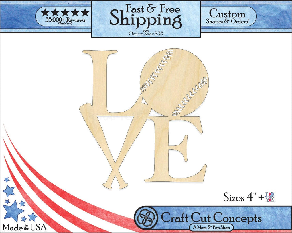 A 5:4 Product photo with banners of our laser cut LOVE Baseball Craft Shape available for purchase.