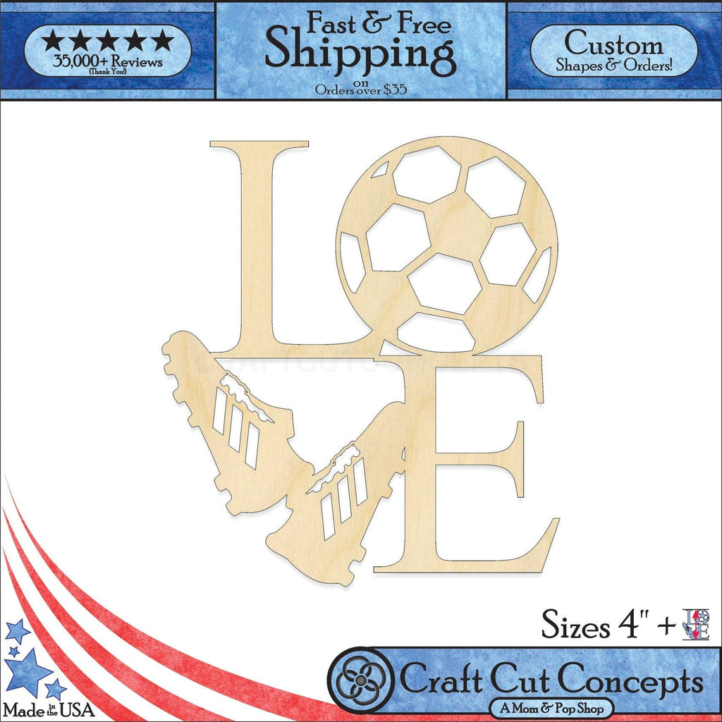 A 1:1 Product photo with banners of our laser cut LOVE Soccer Craft Shape available for purchase.