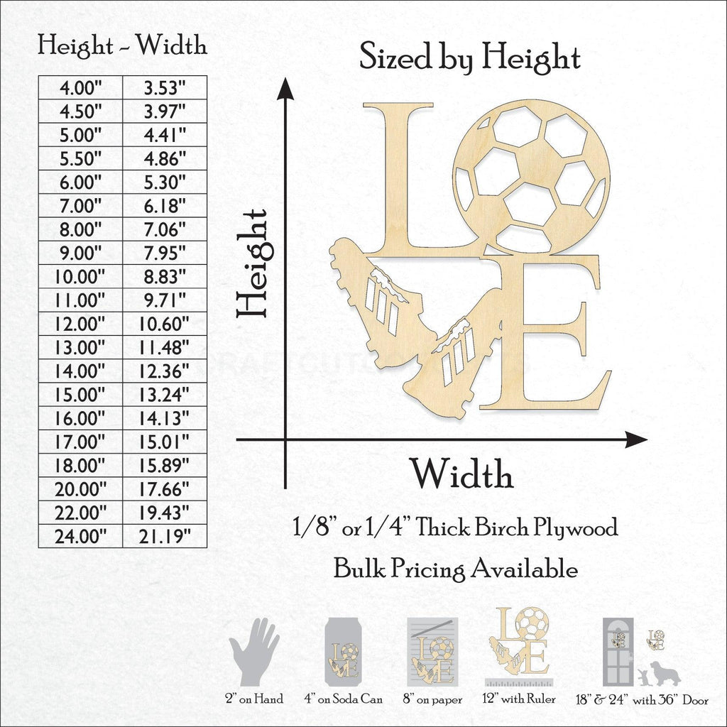 A Product photo showing the sizes and scale of our laser cut LOVE Soccer Craft Shape available for purchase.