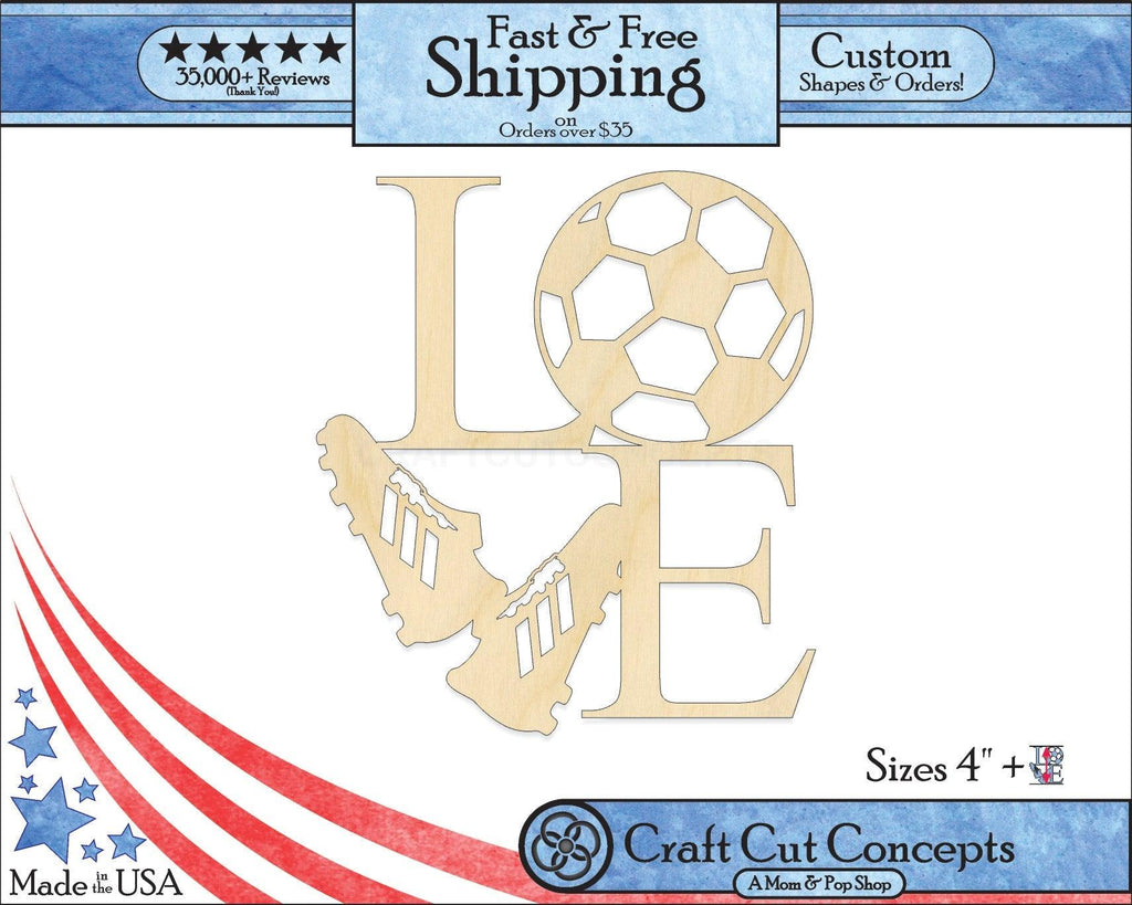 A 5:4 Product photo with banners of our laser cut LOVE Soccer Craft Shape available for purchase.