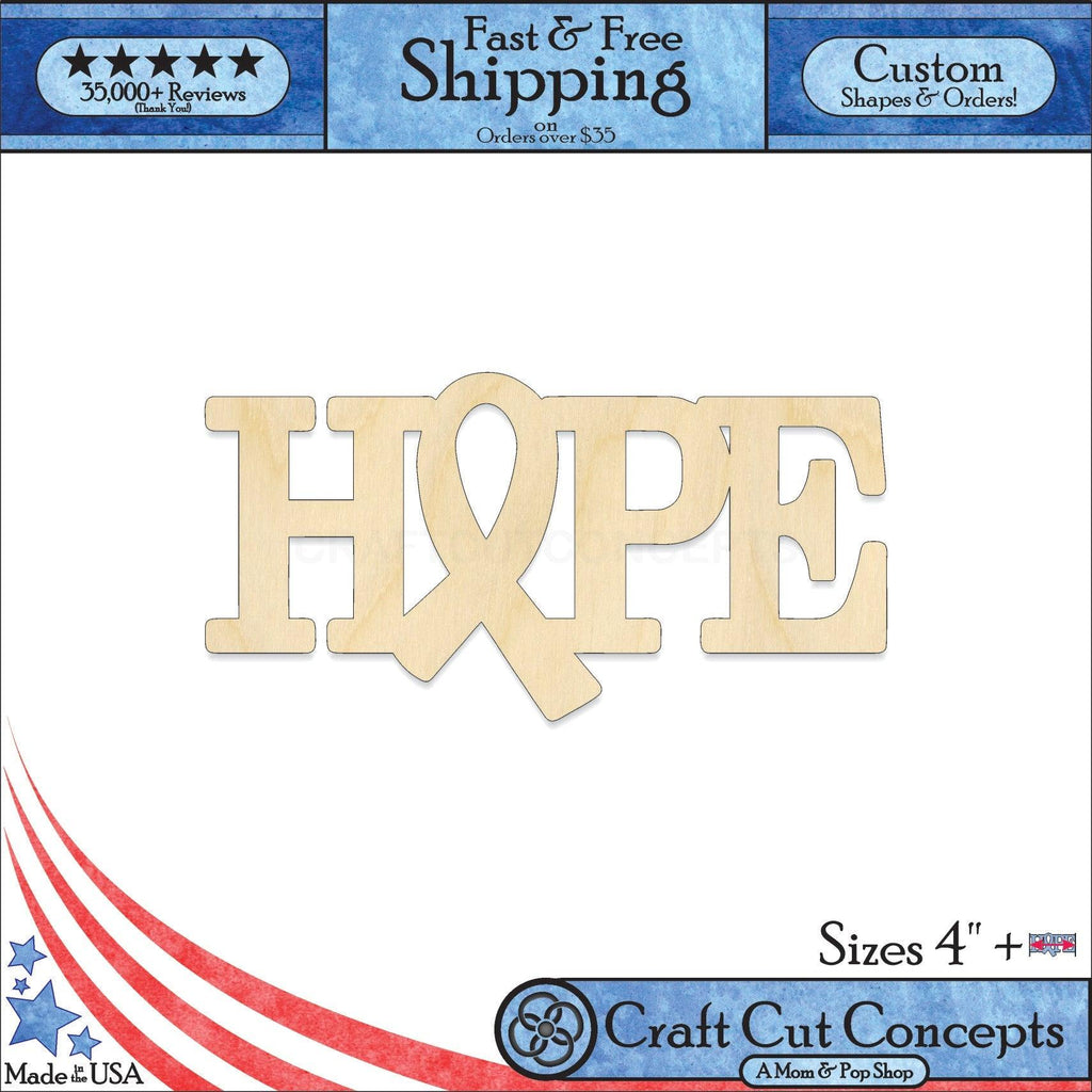 A 1:1 Product photo with banners of our laser cut Hope Ribbon Craft Shape available for purchase.