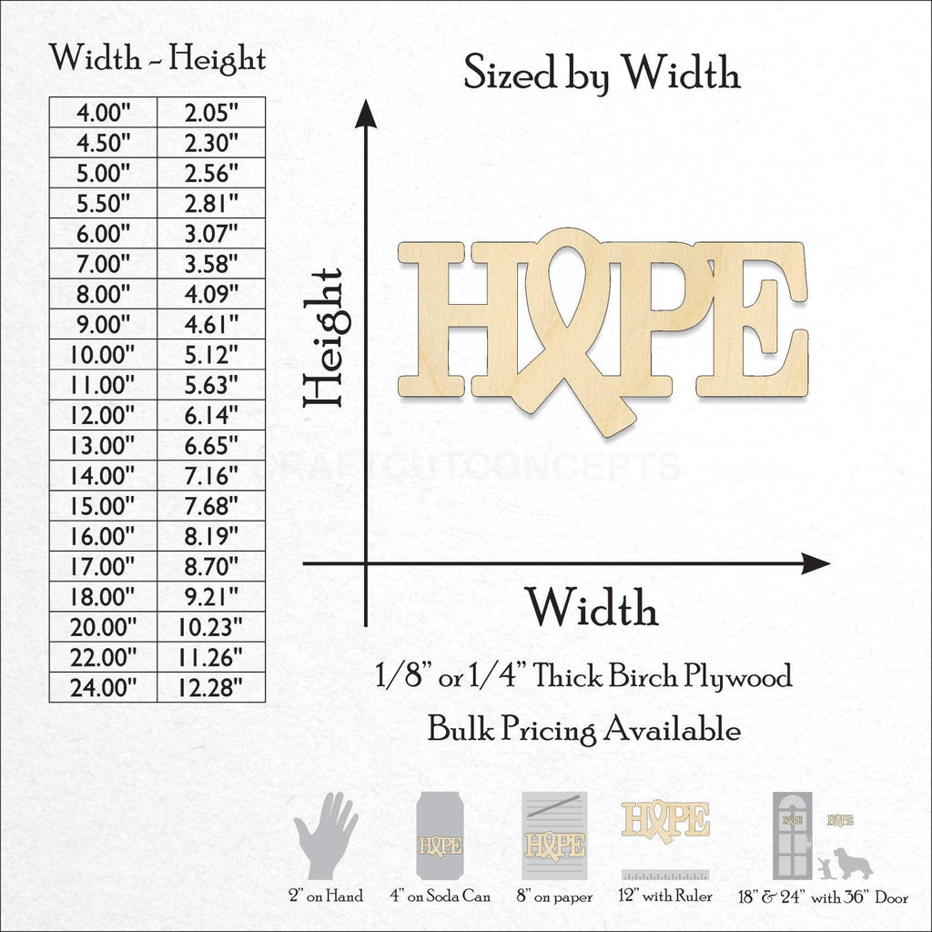 A Product photo showing the sizes and scale of our laser cut Hope Ribbon Craft Shape available for purchase.