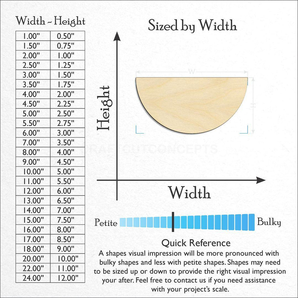 Sizes available for a laser cut Semi Circle craft blank