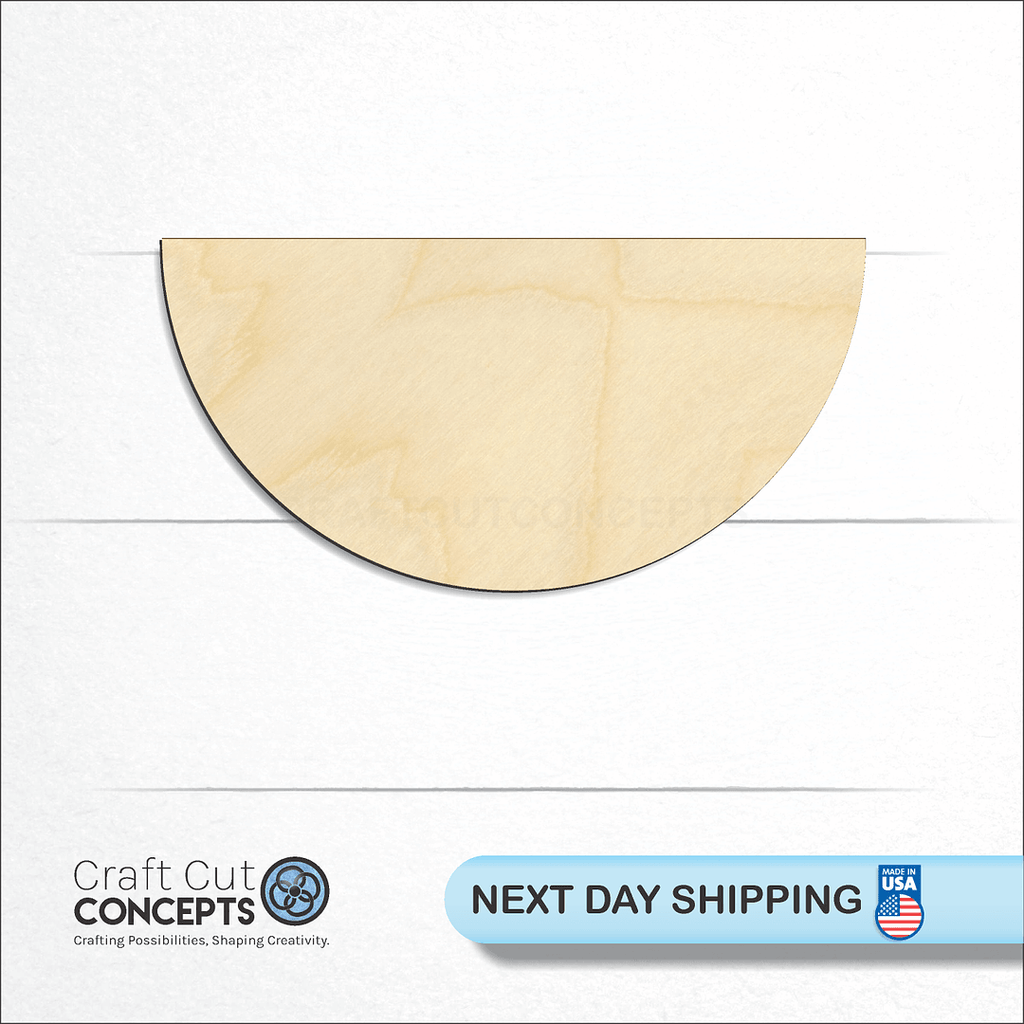 Craft Cut Concepts logo and next day shipping banner with an unfinished wood Semi Circle craft shape and blank